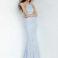 Discontinued JVN By Jovani 60137 Embellished Glitter Jersey High Neckline Prom Dress Shimmer