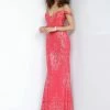 In Stock Jovani JVN60139 Size 6 Red Shimmer Prom Dress Long Glitter Gown Off The Shoulder