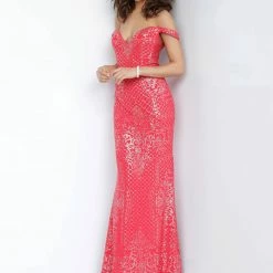 In Stock Jovani JVN60139 Size 6 Red Shimmer Prom Dress Long Glitter Gown Off The Shoulder