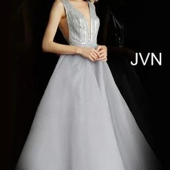 Discontinued Jovani JVN62502 Silver Plunging Neckline Prom Dress Ball Gown Long Evening Gown Ballgown Dresses