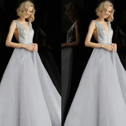 Discontinued Jovani JVN62502 Silver Plunging Neckline Prom Dress Ball Gown Long Evening Gown Ballgown Dresses