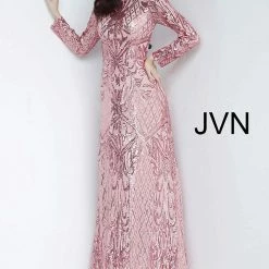 Discontinued Long Sleeve Dresses JVN By Jovani 62711 Long Sleeve Sequin Embellished Evening Gown