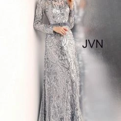 Discontinued Long Sleeve Dresses JVN By Jovani 62711 Long Sleeve Sequin Embellished Evening Gown