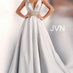 Discontinued Jovani JVN63737 Embellished Waist Prom Dress Ball Gown Plunging Neckline A Line Ballgown Dresses