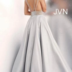 Discontinued Jovani JVN63737 Embellished Waist Prom Dress Ball Gown Plunging Neckline A Line Ballgown Dresses