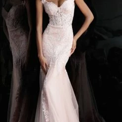 In Stock Jovani JVN65688 Size 14 Long Fitted Sheer Lace Prom Dress Mermaid Off Shoulder Gown