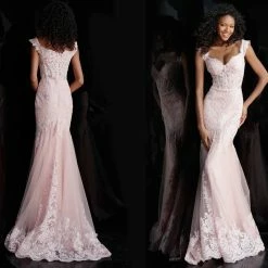 In Stock Jovani JVN65688 Size 14 Long Fitted Sheer Lace Prom Dress Mermaid Off Shoulder Gown