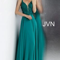 Discontinued Jovani JVN65904 Tie Back Corset Plunging Neckline Prom Dress Lace Bodice Evening Gown Corset Dresses