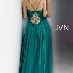 Discontinued Jovani JVN65904 Tie Back Corset Plunging Neckline Prom Dress Lace Bodice Evening Gown Corset Dresses