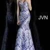 In Stock Mermaid Dresses Jovani JVN 65906 Size 10 White Print Mermaid Prom Dress Pageant GownV Neckline