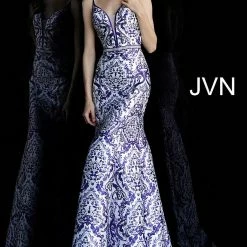 In Stock Mermaid Dresses Jovani JVN 65906 Size 10 White Print Mermaid Prom Dress Pageant GownV Neckline
