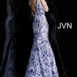 In Stock Mermaid Dresses Jovani JVN 65906 Size 10 White Print Mermaid Prom Dress Pageant GownV Neckline