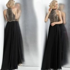 Discontinued Jovani JVN65987 High Neckline Embellished Bodice Prom Dress Evening Gown Long Sleeve Dresses