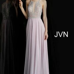 Discontinued JVN66050 Sheer Bodice Criss Cross Back Chiffon Prom Dress Lilac Evening Gown Long Sleeve Dresses