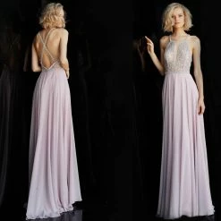 Discontinued JVN66050 Sheer Bodice Criss Cross Back Chiffon Prom Dress Lilac Evening Gown Long Sleeve Dresses