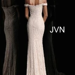 In Stock Jovani JVN 66695 Navy Size 4 Lace Pearls Embellished Prom Dress Pageant Gown