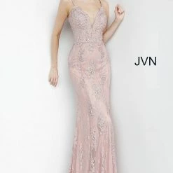 JVN By Jovani Jovani JVN66971 Long Plunging Neckline Lace Prom Dress Evening Gown Prom