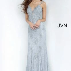 JVN By Jovani Jovani JVN66971 Long Plunging Neckline Lace Prom Dress Evening Gown Prom
