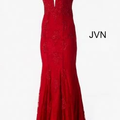 JVN By Jovani Jovani JVN66971 Long Plunging Neckline Lace Prom Dress Evening Gown Prom