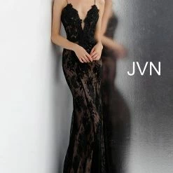 JVN By Jovani Jovani JVN66971 Long Plunging Neckline Lace Prom Dress Evening Gown Prom