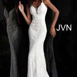 JVN By Jovani Jovani JVN66971 Long Plunging Neckline Lace Prom Dress Evening Gown Prom