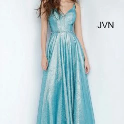In Stock Long Sleeve Dresses Jovani JVN67050 Size 8 Long A Line Shimmer Prom Dress Blue V Neck