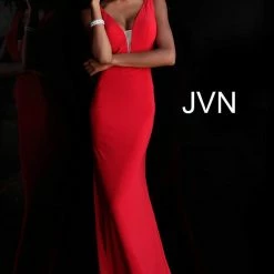 Discontinued Jovani JVN67096 Long Fitted Jersey Prom Dress Evening Gown Sheer V Neck Gown Long Sleeve Dresses