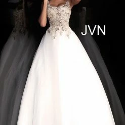 In Stock Jovani JVN 67127 Size 8 Sheer Embellished Corset Ballgown Dress White Gold