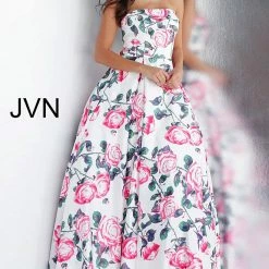 Discontinued JVN By Jovani 67131 Strapless White Floral Print Prom Dress Ball Gown Ballgown Dresses