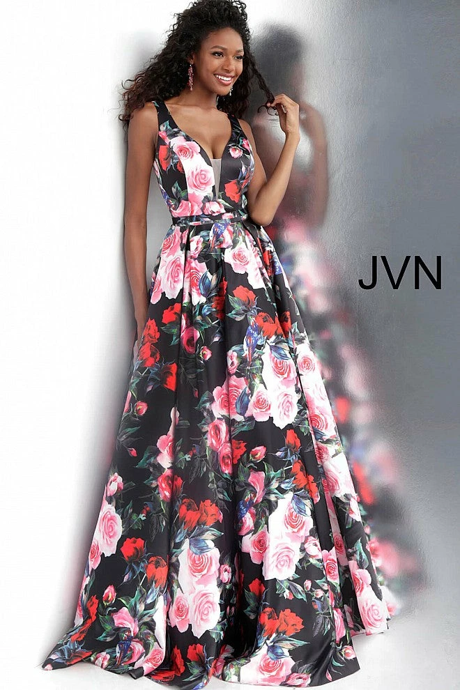 Discontinued JVN By Jovani 67695 Black Floral Print V Neckline Prom Dress Ball Gown Ballgown Dresses 5 Discontinued JVN By Jovani 67695 Black Floral Print V Neckline Prom Dress Ball Gown Ballgown Dresses