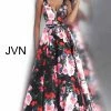 Discontinued JVN By Jovani 67695 Black Floral Print V Neckline Prom Dress Ball Gown Ballgown Dresses
