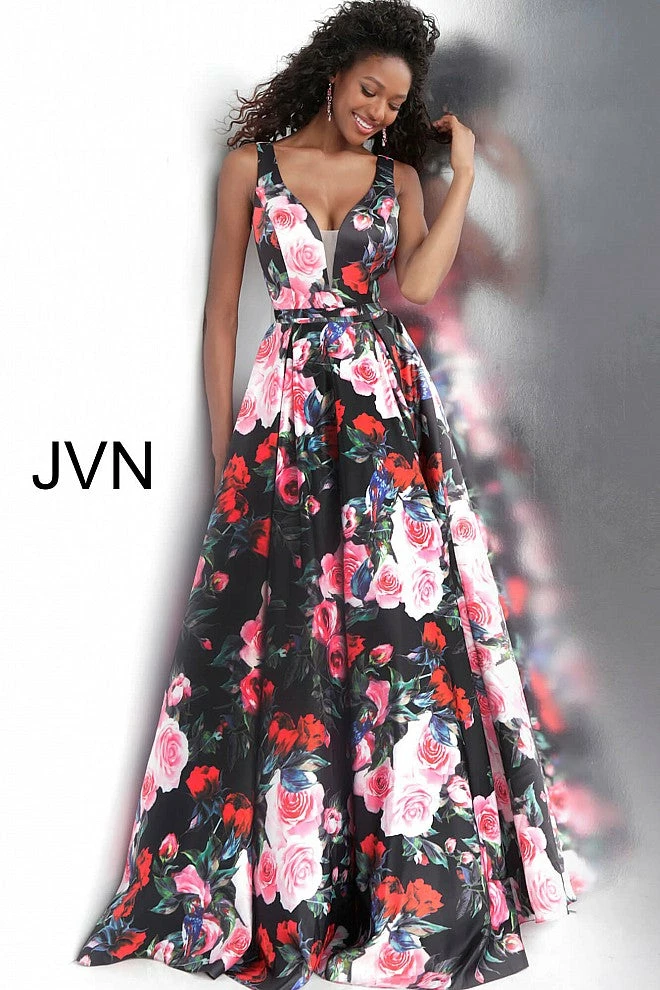 Discontinued JVN By Jovani 67695 Black Floral Print V Neckline Prom Dress Ball Gown Ballgown Dresses 3 Discontinued JVN By Jovani 67695 Black Floral Print V Neckline Prom Dress Ball Gown Ballgown Dresses