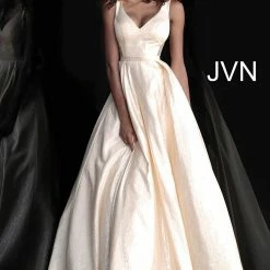 Discontinued Jovani JVN67880 Gold V Neckline Sleeveless A Line Prom Dress Metallic Evening Gown