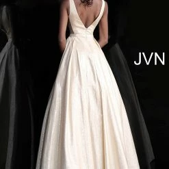 Discontinued Jovani JVN67880 Gold V Neckline Sleeveless A Line Prom Dress Metallic Evening Gown