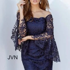 JVN By Jovani Jovani JVN68076 Off The Shoulder Sheer Lace Bell Sleeves Cocktail Dress Formal