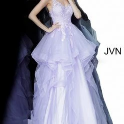 JVN By Jovani Jovani JVN68128 Sheer Embellished Lace Prom Dress Ruffle Ballgown V Neck Ballgown Dresses