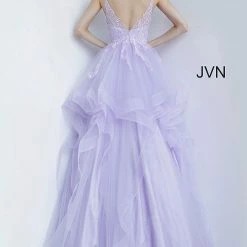 JVN By Jovani Jovani JVN68128 Sheer Embellished Lace Prom Dress Ruffle Ballgown V Neck Ballgown Dresses