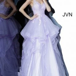 JVN By Jovani Jovani JVN68128 Sheer Embellished Lace Prom Dress Ruffle Ballgown V Neck Ballgown Dresses