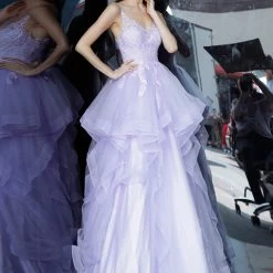 JVN By Jovani Jovani JVN68128 Sheer Embellished Lace Prom Dress Ruffle Ballgown V Neck Ballgown Dresses