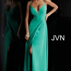 Discontinued JVN By Jovani 68176 Green Long Flowy V Back Prom Dress Long Sleeve Dresses