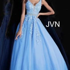 JVN By Jovani Ballgown Dresses Jovani JVN68258 Long A Line Lace Prom Ballgown Dress Formal Plunging Neckline