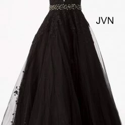 JVN By Jovani Jovani JVN68258 Long A Line Lace Prom Ballgown Dress Formal Plunging Neckline