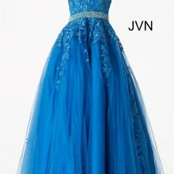 JVN By Jovani Jovani JVN68258 Long A Line Lace Prom Ballgown Dress Formal Plunging Neckline
