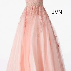 JVN By Jovani Jovani JVN68258 Long A Line Lace Prom Ballgown Dress Formal Plunging Neckline