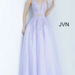 JVN By Jovani Ballgown Dresses Jovani JVN68258 Long A Line Lace Prom Ballgown Dress Formal Plunging Neckline