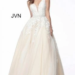 JVN By Jovani Ballgown Dresses Jovani JVN68258 Long A Line Lace Prom Ballgown Dress Formal Plunging Neckline