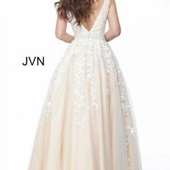 JVN By Jovani Ballgown Dresses Jovani JVN68258 Long A Line Lace Prom Ballgown Dress Formal Plunging Neckline