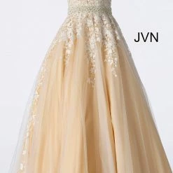 JVN By Jovani Ballgown Dresses Jovani JVN68258 Long A Line Lace Prom Ballgown Dress Formal Plunging Neckline