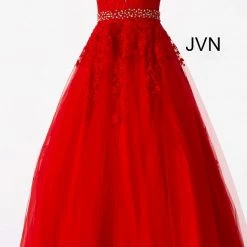JVN By Jovani Jovani JVN68258 Long A Line Lace Prom Ballgown Dress Formal Plunging Neckline