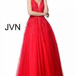 JVN By Jovani Jovani JVN68258 Long A Line Lace Prom Ballgown Dress Formal Plunging Neckline